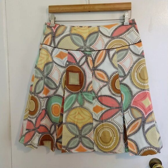 Pleated A-Line Skirt Mod Psychedelic Geo Print 8 Chunky Buttons - Picture 5 of 9